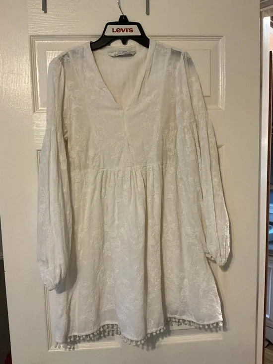 Zara Cream Embroidered Long Sleeve Babydoll Dress Womens Small Cottagecore Fairy - Picture 3 of 13